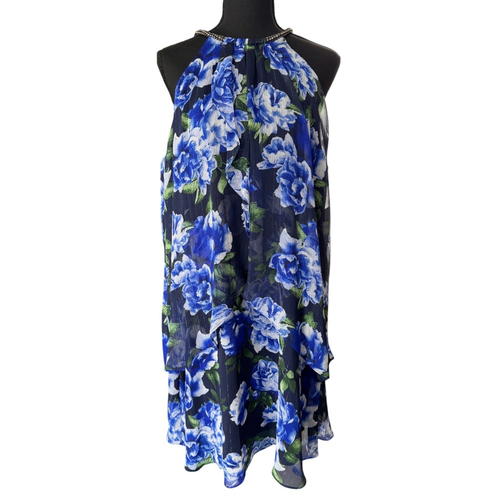 SLNY Blue Floral Tiered Halter Dress Metallic Stripe Size 18 Resortwear Vacation - Picture 1 of 11